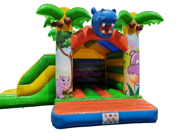 Springkussen Nijlpaard met glijbaan en dak - 5x4,5m 