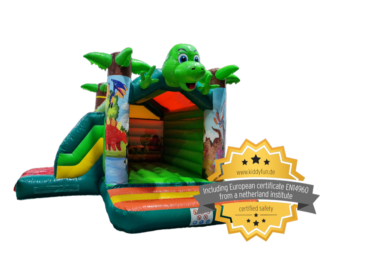 Springkussen Dino Baby met glijbaan en dak 4,5x5 m 